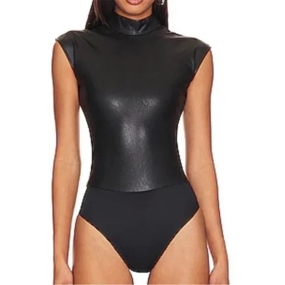 SPANX Faux Leather Mock Neck Bodysuit Black Mockneck Vegan Sleeveless Large